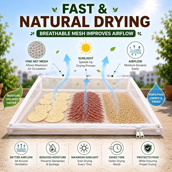 Papad Drying Cloth with Net Zip (72x72 cm)| Food Drying Cloth for Sun Drying | Reusable Mesh Drying Mat for Papad, Millets, Grains, & Dry Fruits | Protects from Birds, Dust & Insects
