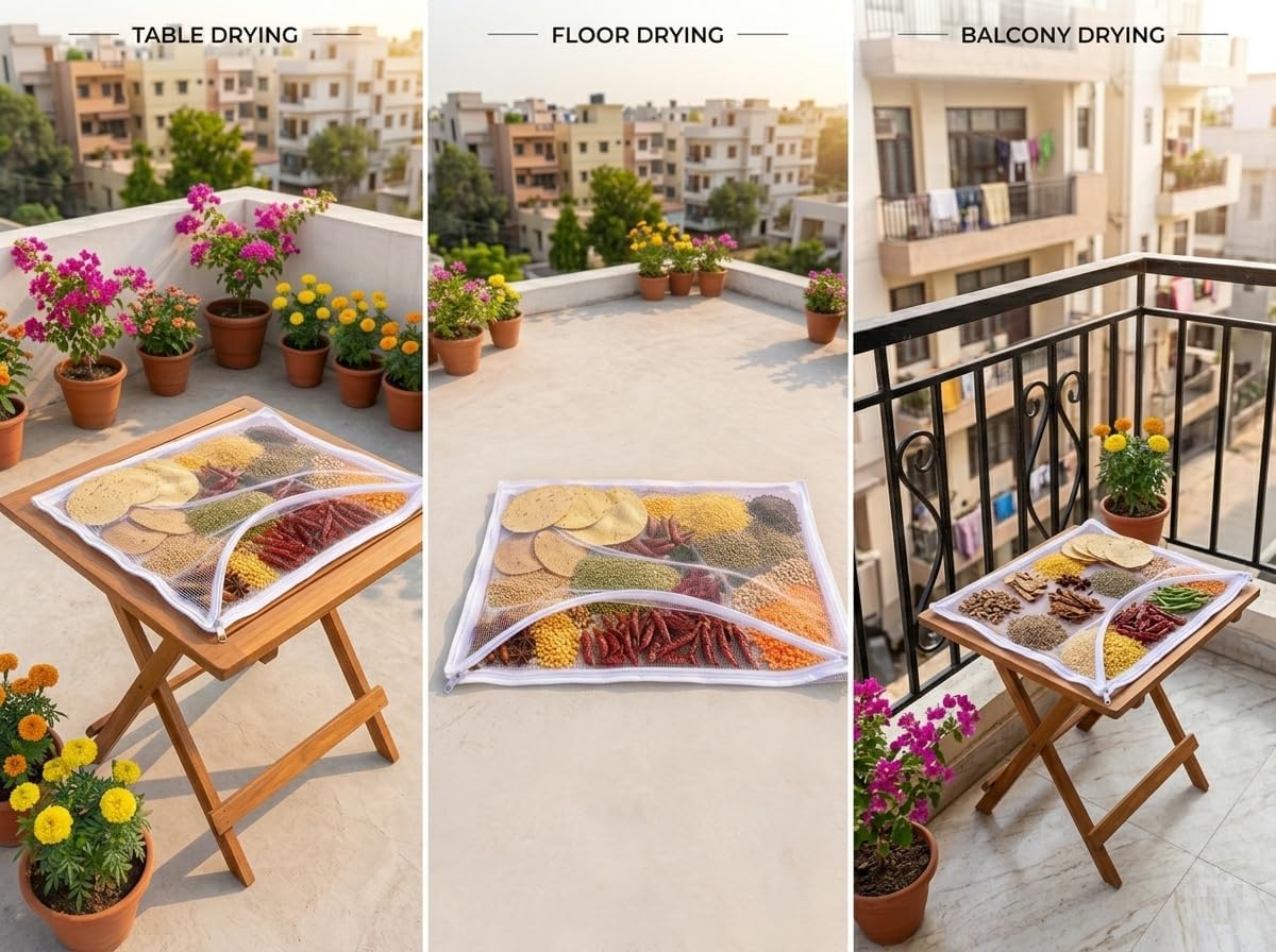 Papad Drying Cloth with Net Zip (72x72 cm)| Food Drying Cloth for Sun Drying | Reusable Mesh Drying Mat for Papad, Millets, Grains, & Dry Fruits | Protects from Birds, Dust & Insects