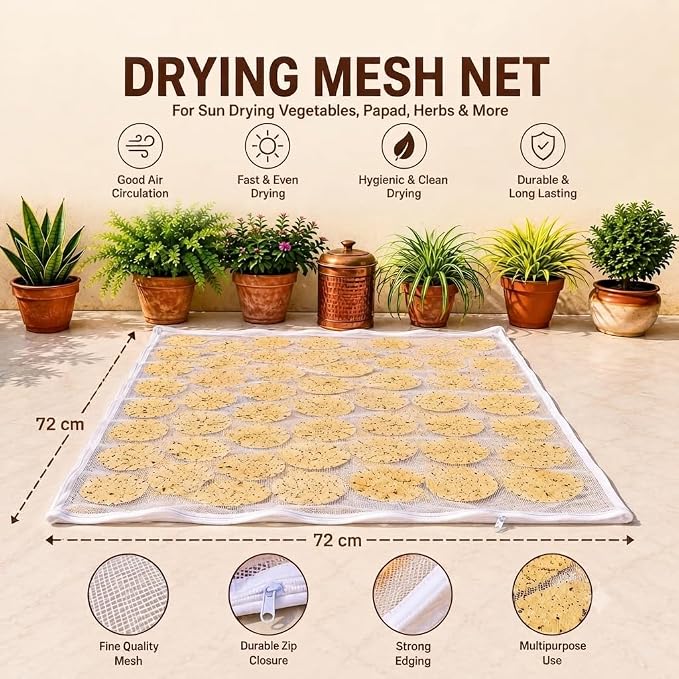 Papad Drying Cloth with Net Zip (72x72 cm)| Food Drying Cloth for Sun Drying | Reusable Mesh Drying Mat for Papad, Millets, Grains, & Dry Fruits | Protects from Birds, Dust & Insects
