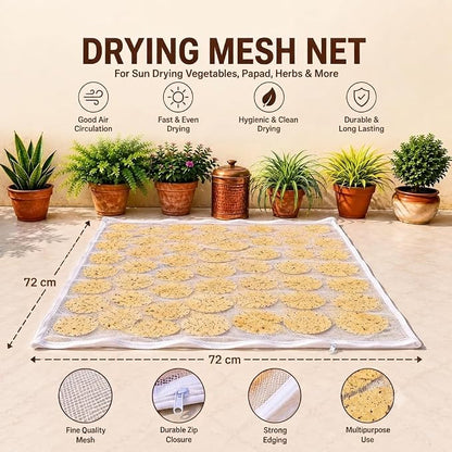 Papad Drying Cloth with Net Zip (72x72 cm)| Food Drying Cloth for Sun Drying | Reusable Mesh Drying Mat for Papad, Millets, Grains, & Dry Fruits | Protects from Birds, Dust & Insects