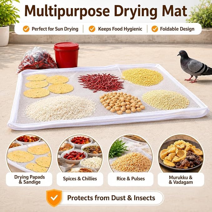 Papad Drying Cloth with Net Zip (72x72 cm)| Food Drying Cloth for Sun Drying | Reusable Mesh Drying Mat for Papad, Millets, Grains, & Dry Fruits | Protects from Birds, Dust & Insects