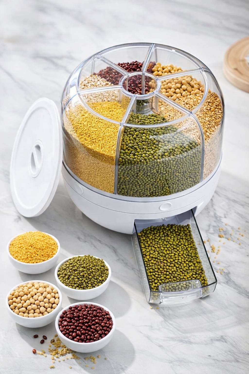 6-Grid Rotating Food Dispenser - Rice Bucket Storage Tank