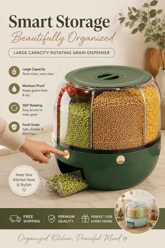 6-Grid Rotating Food Dispenser - Rice Bucket Storage Tank