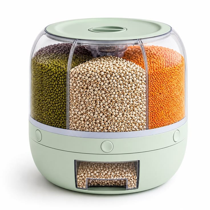 6-Grid Rotating Food Dispenser - Rice Bucket Storage Tank