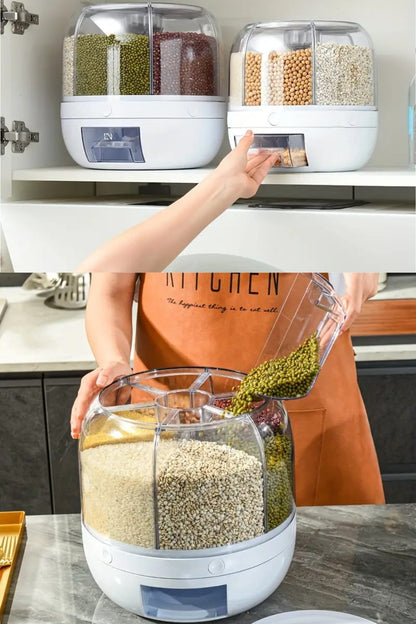 6-Grid Rotating Food Dispenser - Rice Bucket Storage Tank