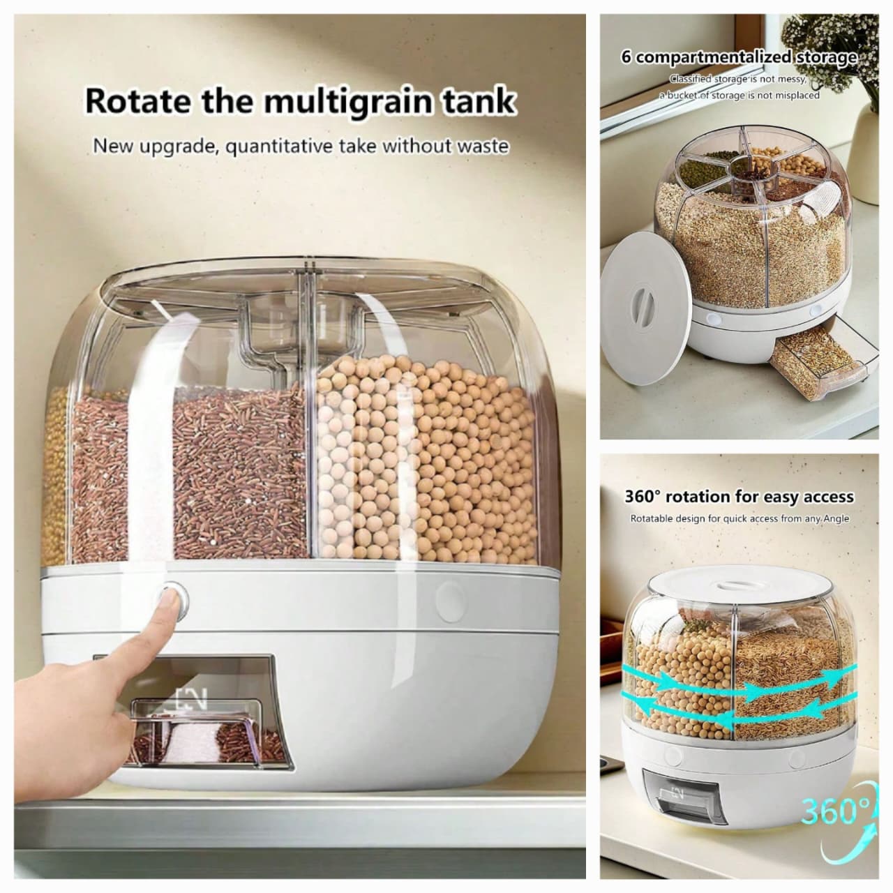 6-Grid Rotating Food Dispenser - Rice Bucket Storage Tank